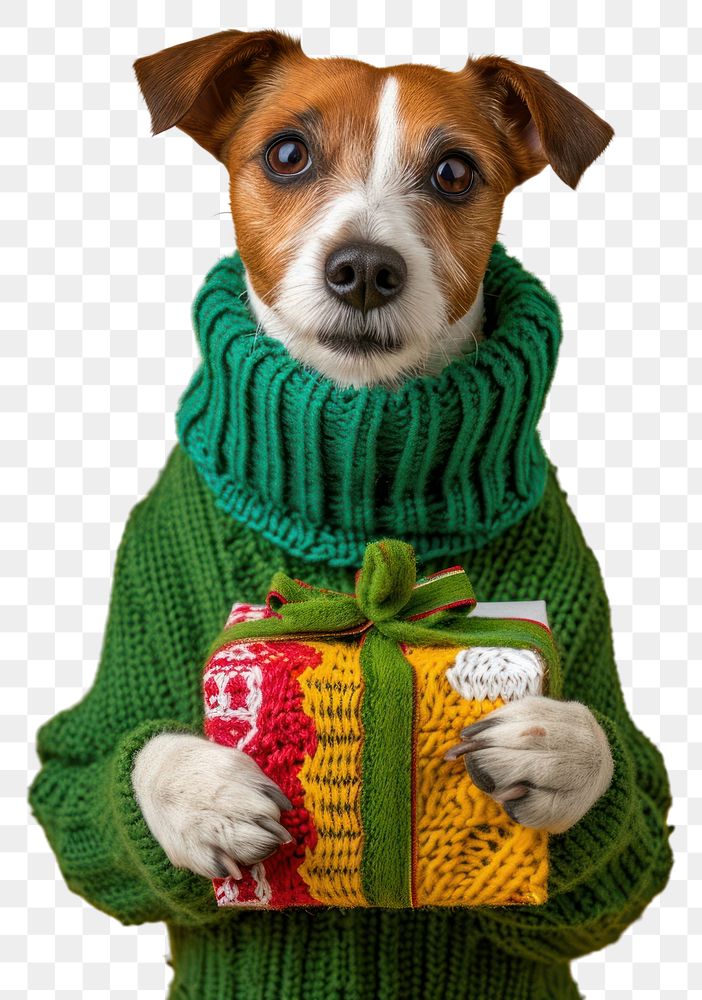 PNG  Jack russell wearing green sweater and gloves portrait holding mammal.