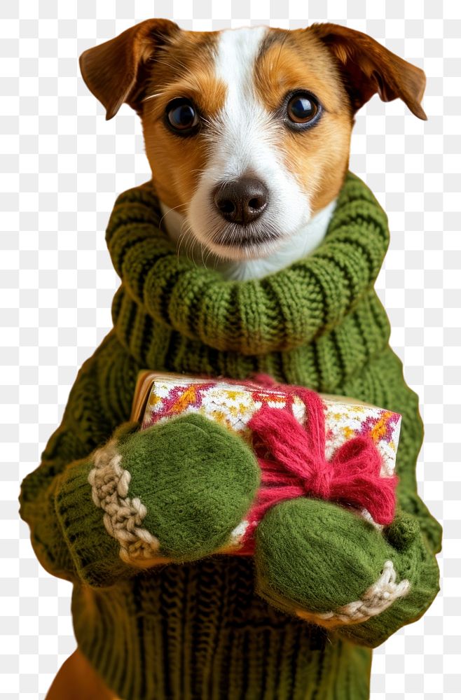 PNG  Jack russell wearing green sweater and gloves portrait mammal animal.