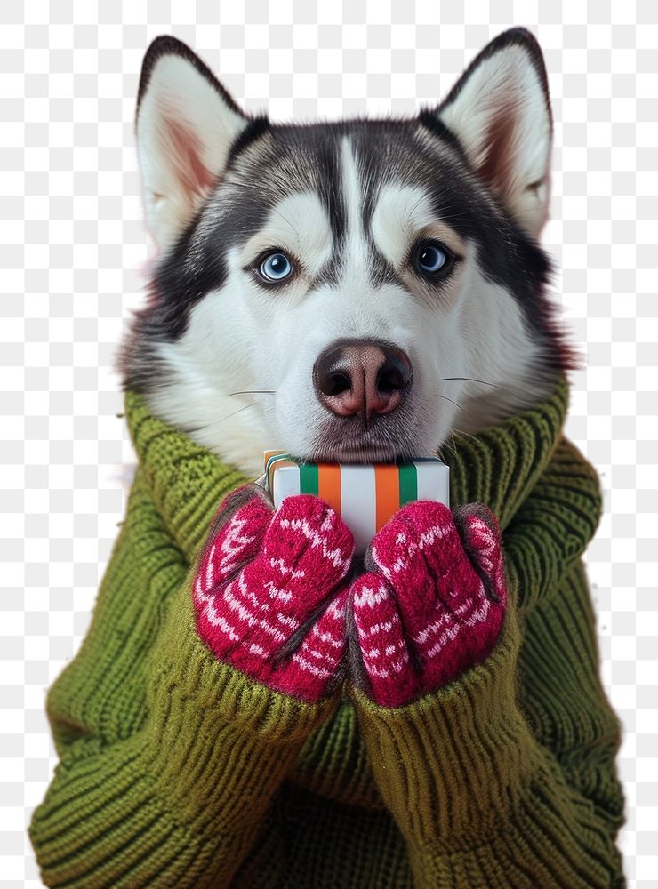 PNG  Siberian husky wearing green sweater and gloves portrait mammal animal.