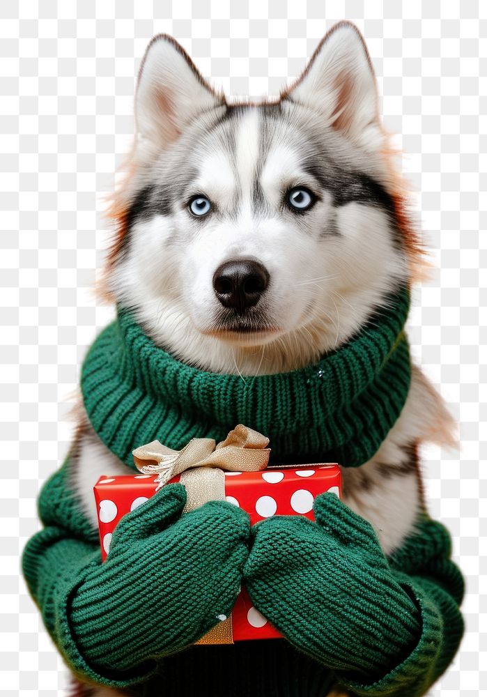 PNG  Siberian husky wearing green sweater and gloves portrait mammal animal.