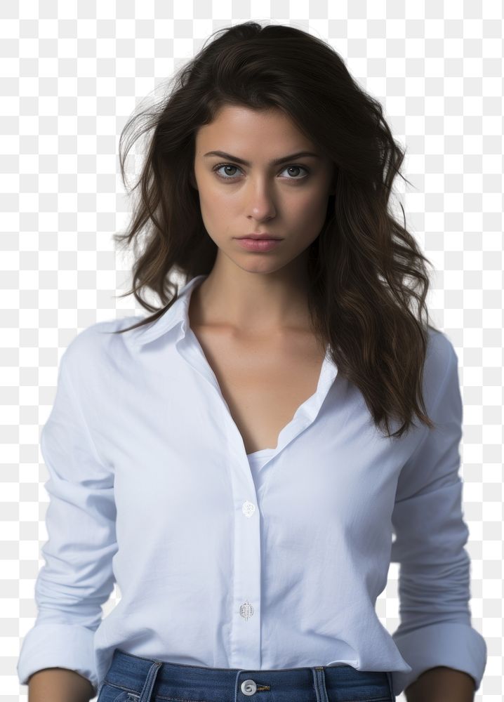 PNG  A woman wearing a white shirt and blue jeans portrait blouse sleeve. AI generated Image by rawpixel.
