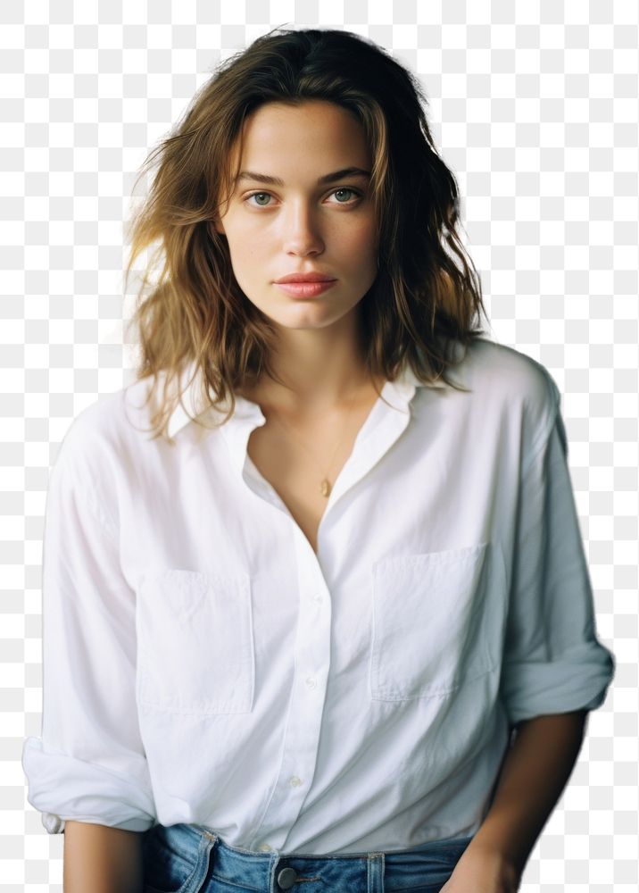 PNG  A woman wearing a white shirt and blue jeans portrait blouse adult. AI generated Image by rawpixel.
