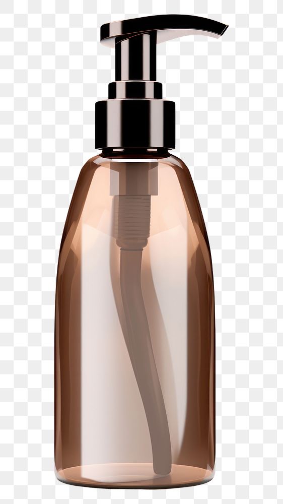 PNG  Shampoo bottle with pump in dark brown color cosmetics white background container.