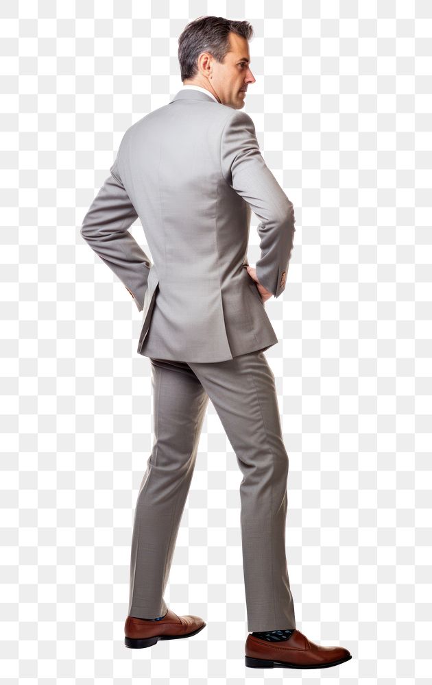 PNG A bussinessman getting lower back pain standing walking tuxedo.