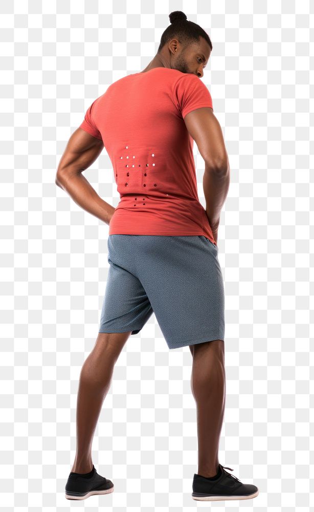 PNG A man getting lower back pain t-shirt shorts white background.