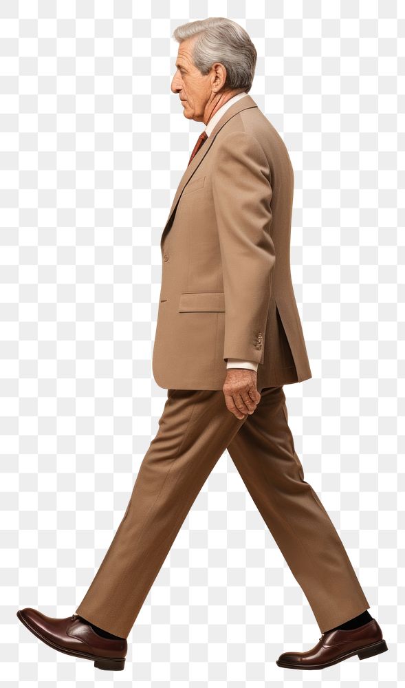 PNG A senior man walking in studio wearing suit adult khaki side view.