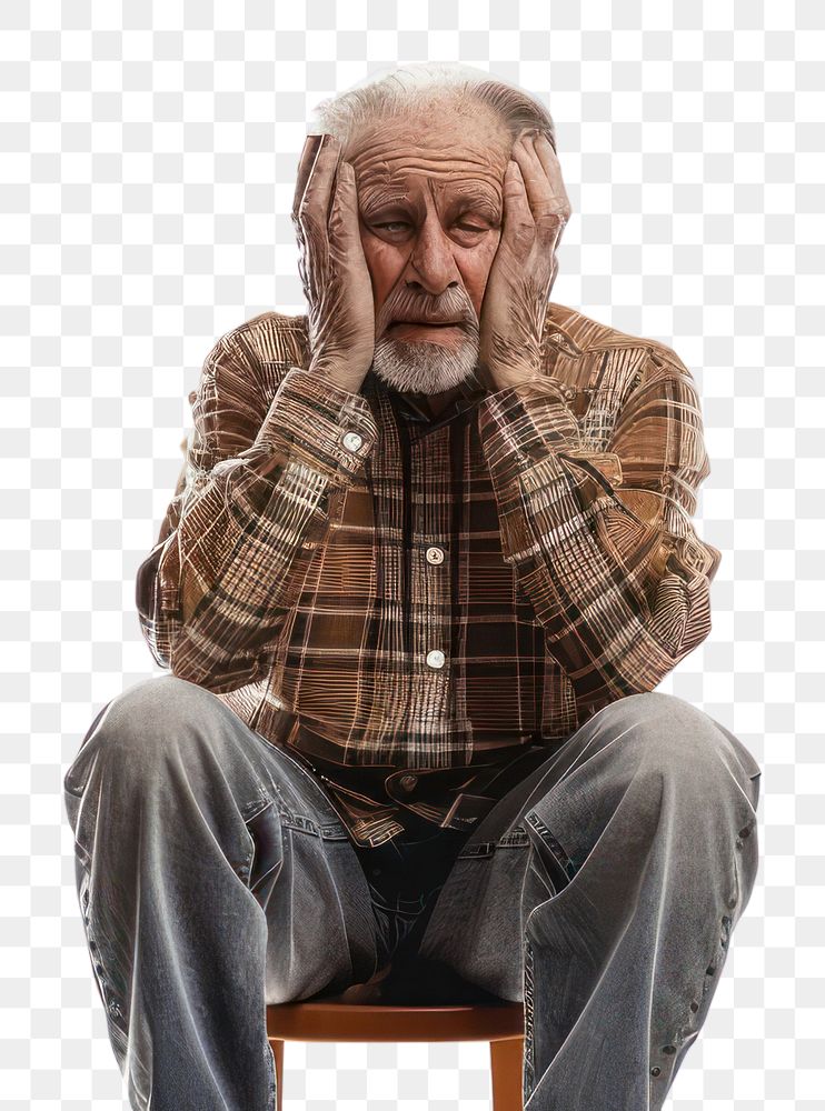 PNG Elderly person have a headache adult white background contemplation.