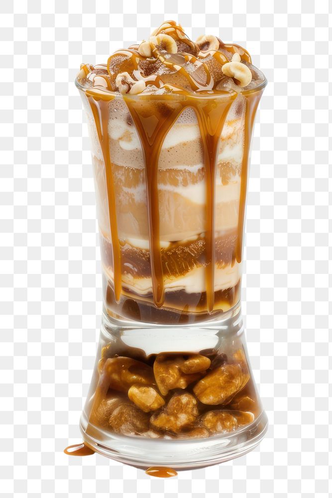 PNG Frappe drink with caramel dessert sundae food.