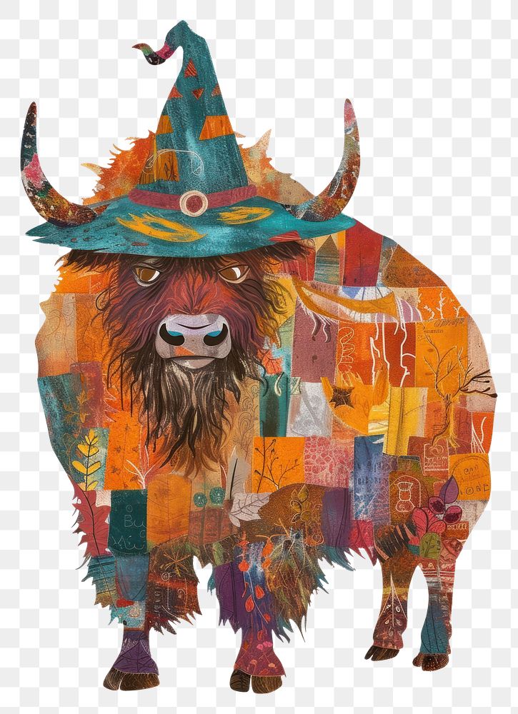 PNG Happy Bison celebrating Holloween wearing wizard hat art livestock painting.