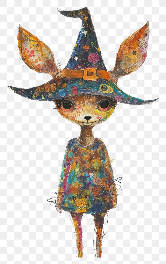 PNG Happy Deer celebrating Holloween wearing wizard hat art painting drawing.