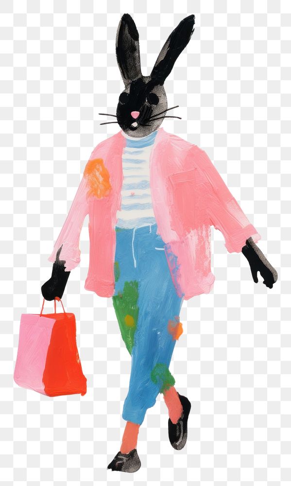 PNG A rabbit carrying a shopping bag painting walking art.