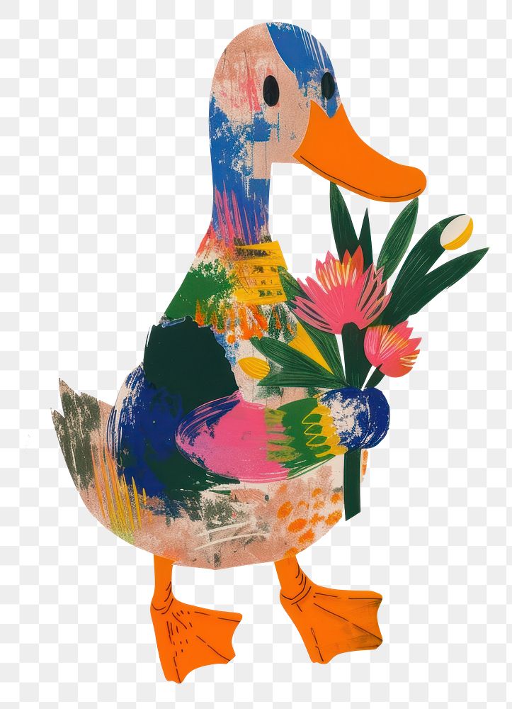 PNG A duck holding a bunch of flowers sitting colorful clothes animal bird art.