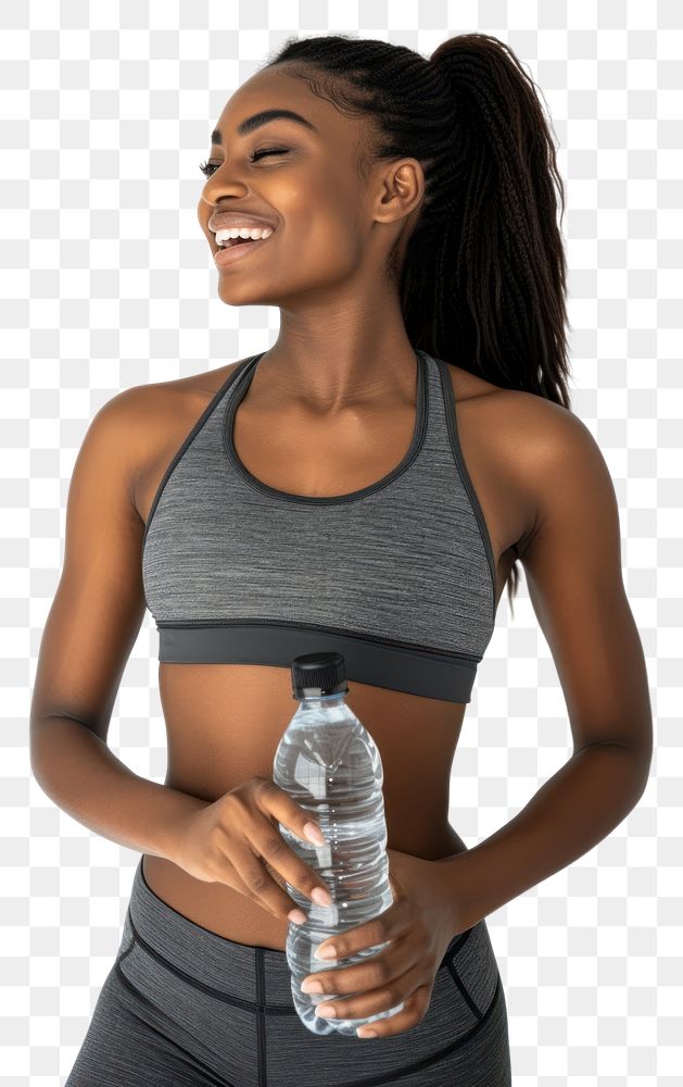 PNG A black woman holding water bottle and smiling and looking up while exercising portrait adult photo.