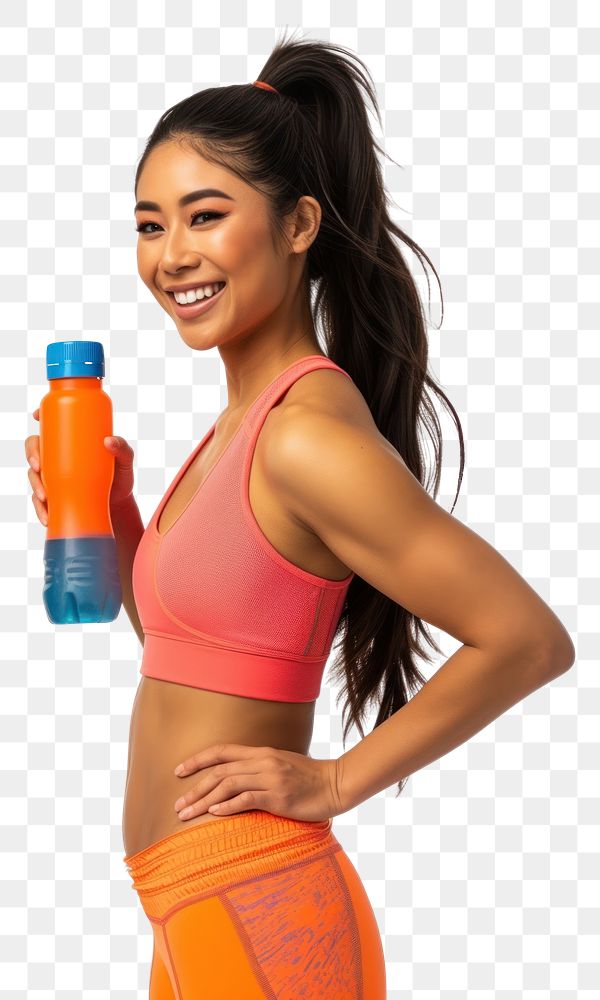 PNG A healthy woman holding water bottle and smiling while exercising portrait adult photo.