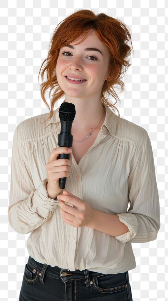 PNG A woman lecturer holding a microphone at chest level portrait clothing smiling.