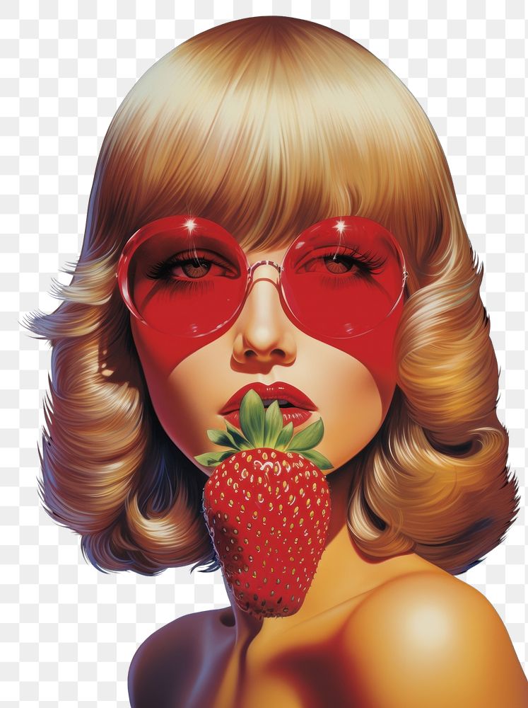 PNG  A woman holding a strawberry and covering her eye portrait glasses adult.