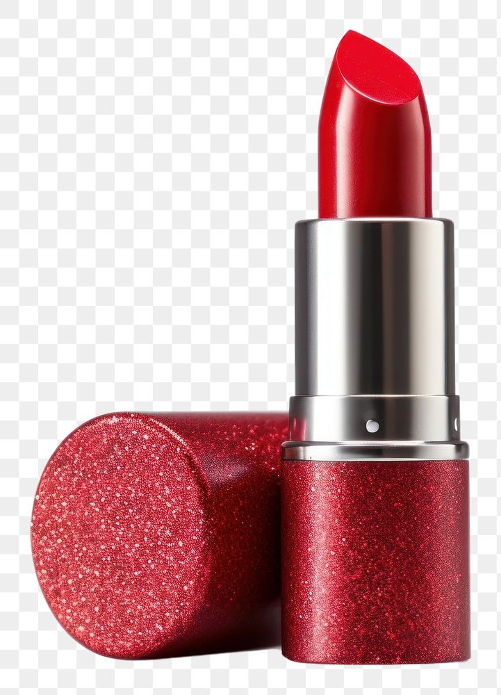 PNG Red glitter polish lipstick cosmetics white background capsule.