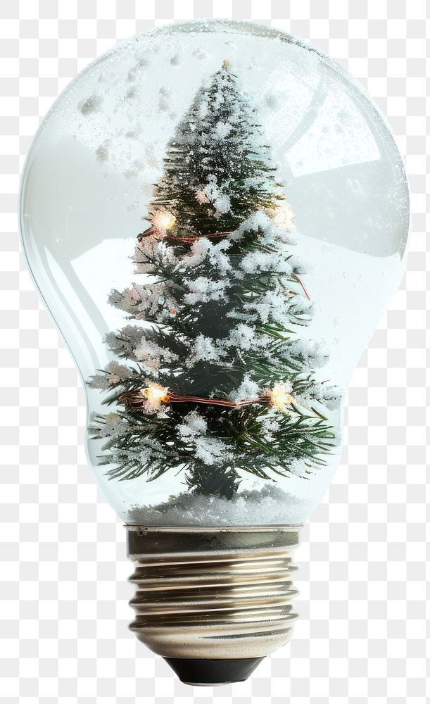 PNG Light bulb with christmas tree and snow and light inside lightbulb white white background.