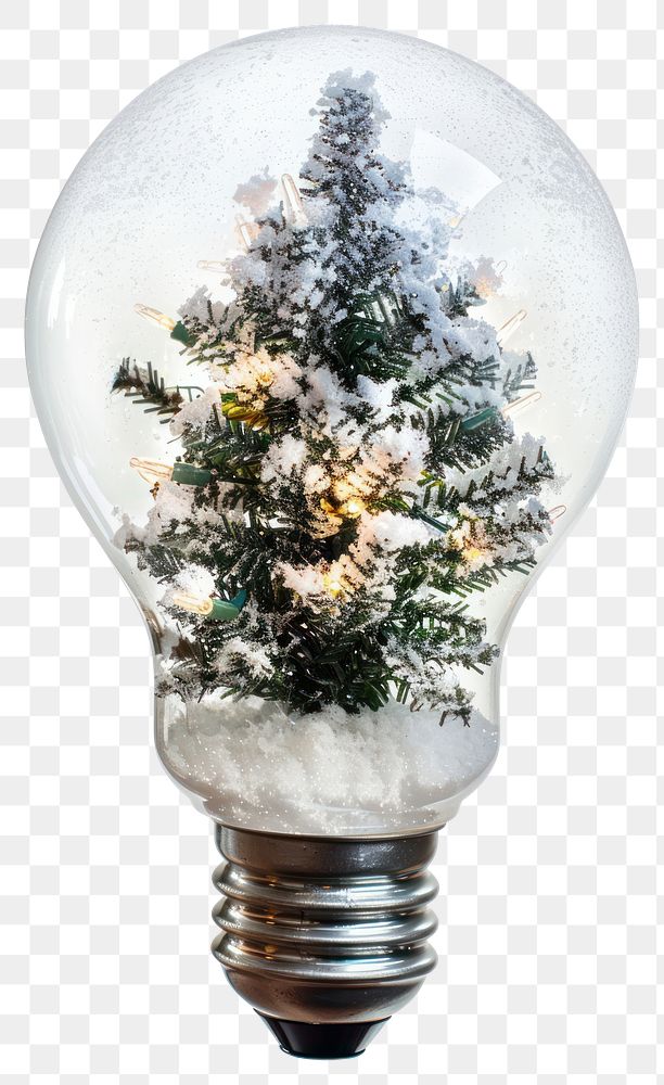 PNG Light bulb with christmas tree and snow inside lightbulb white white background.