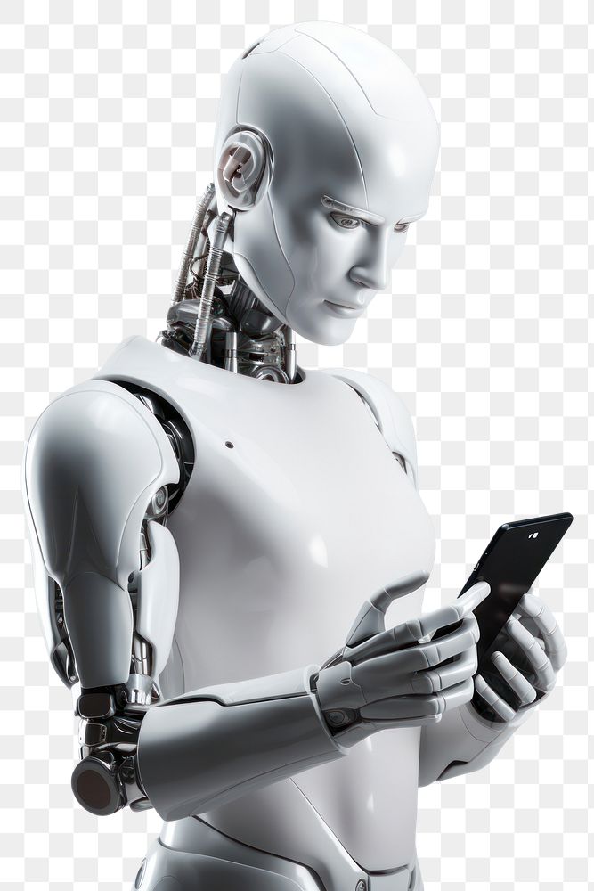 PNG Robot holding a phone adult technology futuristic.