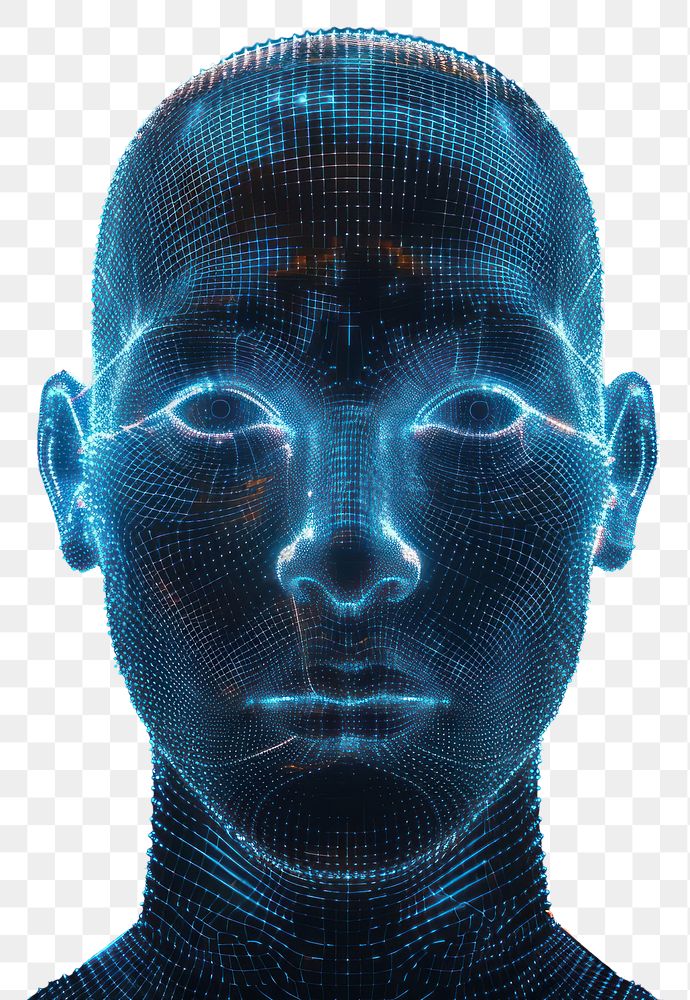 PNG  Glowing wireframe of human head futuristic portrait black background.