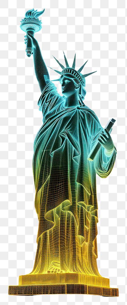PNG  Glowing wireframe of statue of liberty sculpture black background representation.