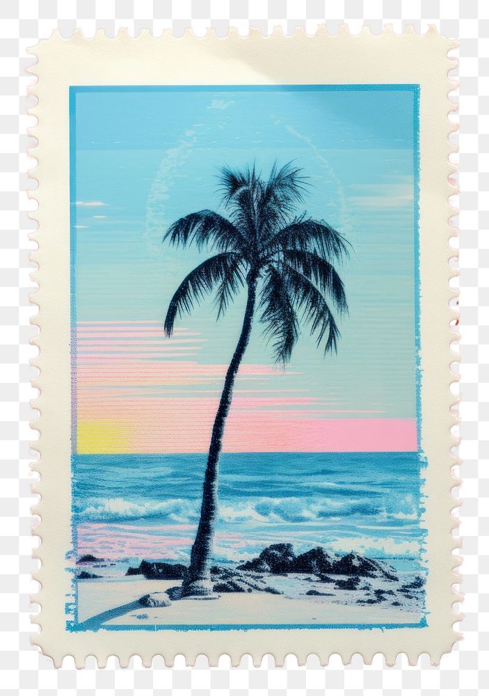 PNG  Beach Risograph style plant postage stamp embroidery.
