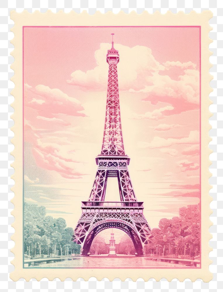 PNG  Eiffel tower Risograph style architecture postage stamp outdoors.