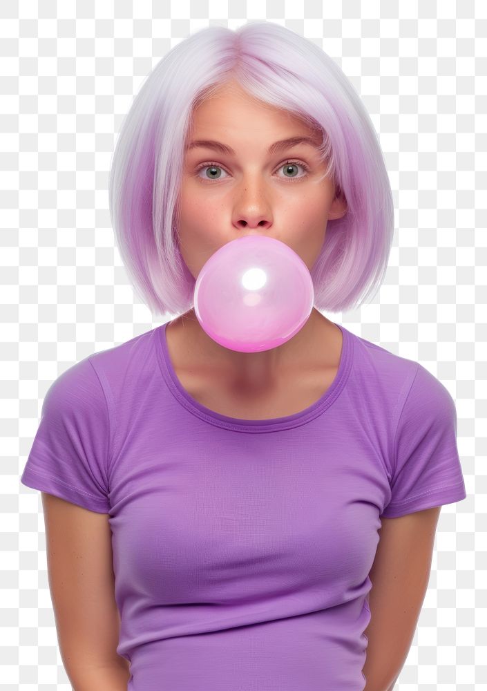 PNG Woman blows off a pink bubble wig portrait purple adult.