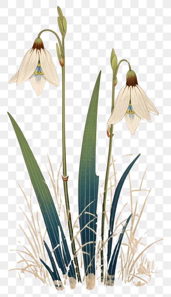 PNG Japanese wood block print illustration of snowdrop flower plant amaryllidaceae outdoors.