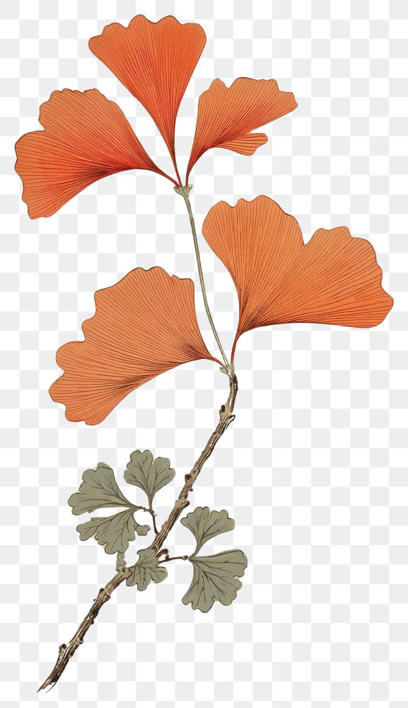 PNG Japanese wood block print illustration of ginkgo leaf flower plant fragility.