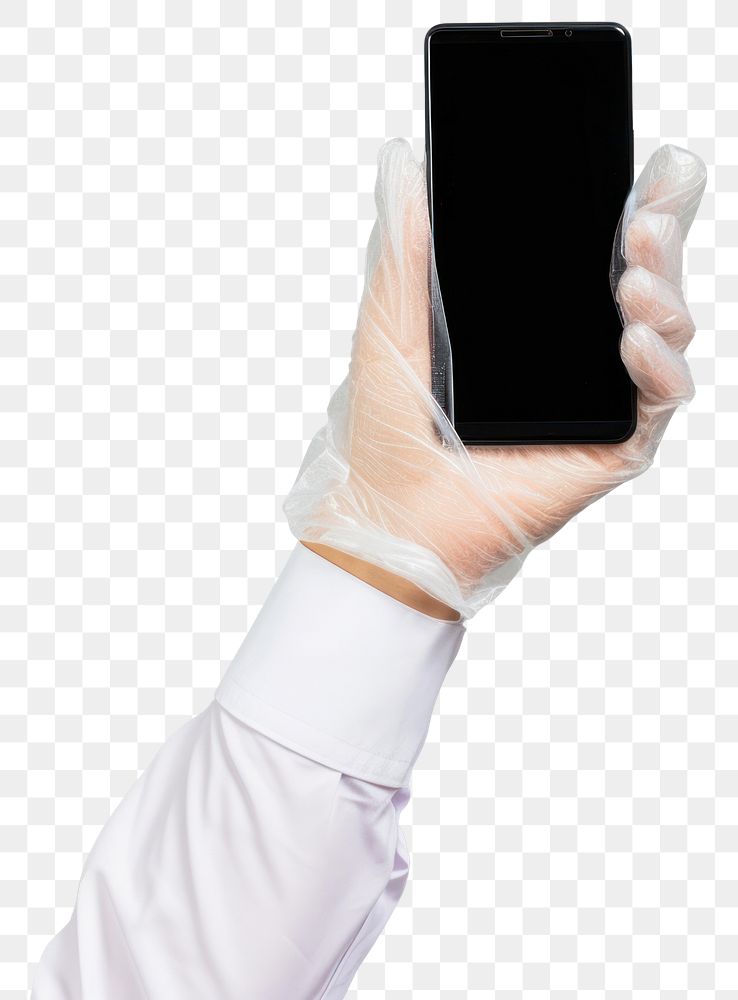 PNG Hand wear plastic glove holding mobile phone screen adult photographing.