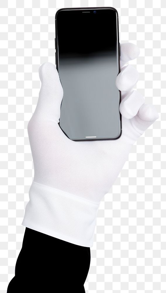 PNG Hand wear plastic glove holding mobile phone screen photographing electronics.