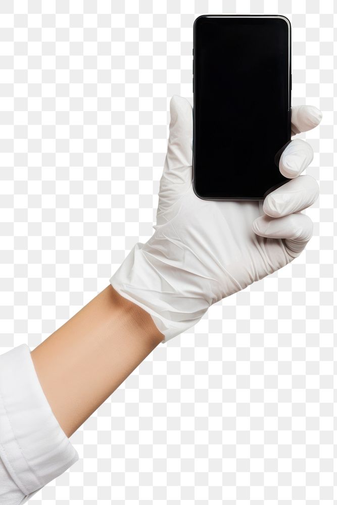 PNG Hand wear rubber glove holding mobile phone screen photographing electronics.