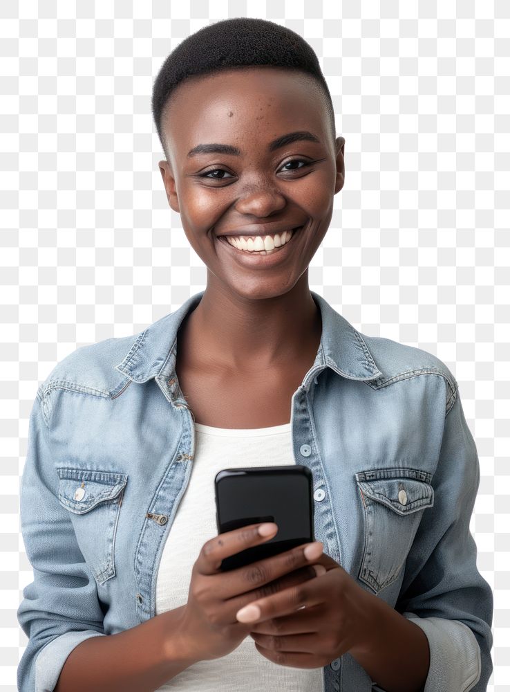 PNG African woman with short haircut holding cellphone portrait smiling smile.