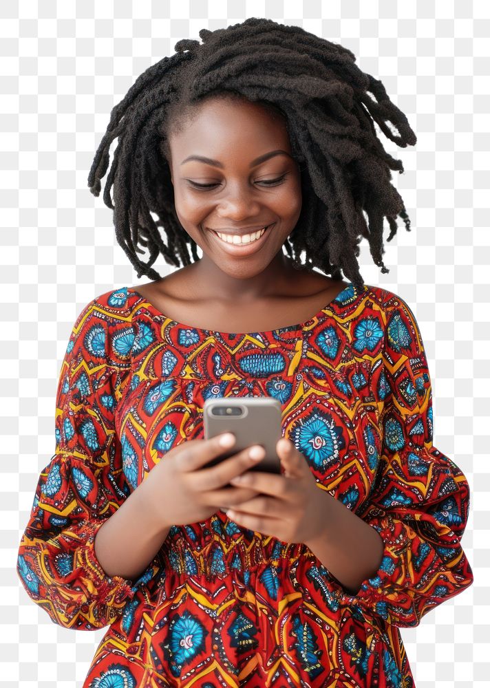 PNG African woman holding cellphone smiling adult photo
