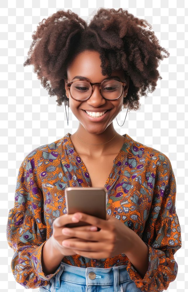 PNG African woman holding cellphone portrait smiling smile.