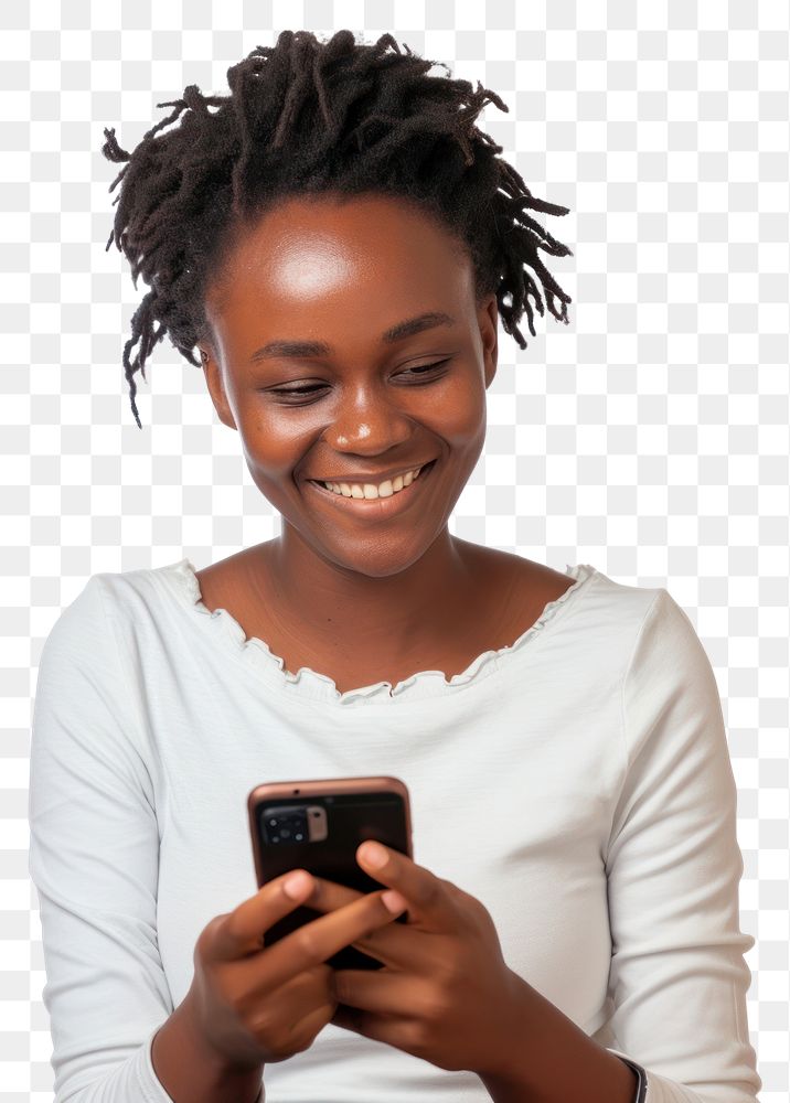 PNG African woman holding cellphone portrait smiling adult.