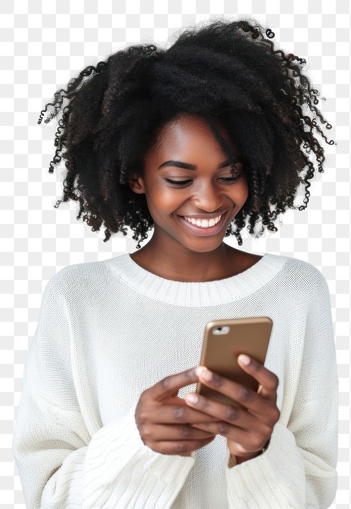 PNG African woman holding cellphone smiling smile adult.