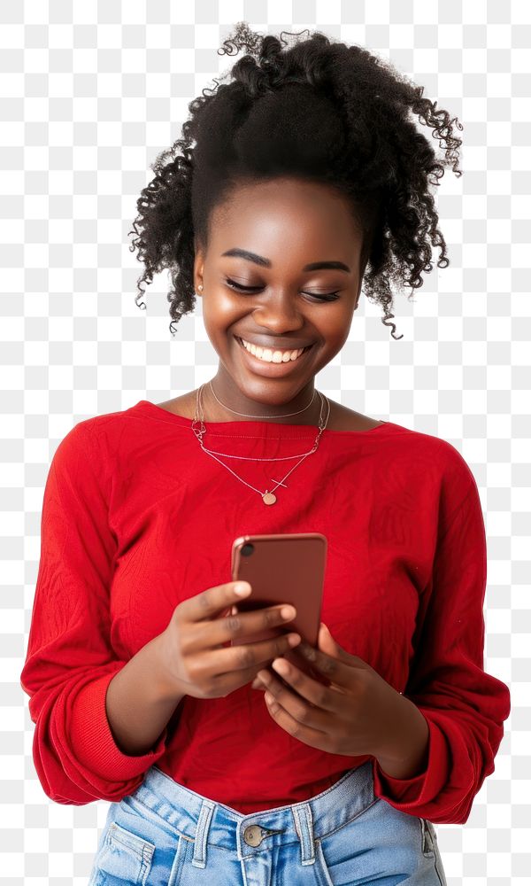 PNG African woman holding cellphone portrait sweater smiling.