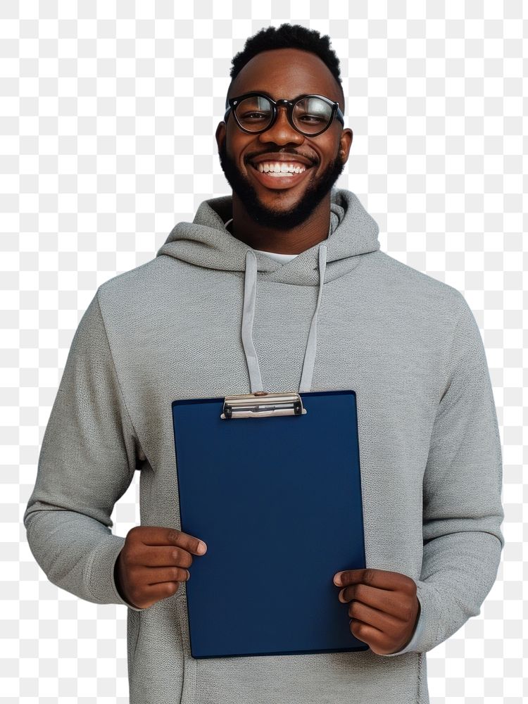 PNG Black man wear glasses and grey hoodie hold dark blue clipboard smile portrait photo.