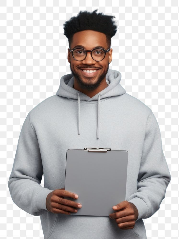 PNG Black man wear glasses and grey hoodie hold dark blue clipboard smile sweatshirt portrait
