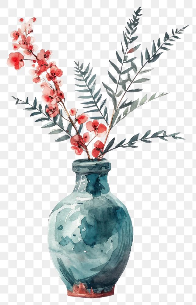 PNG  Vase flower watercolor art plant leaf.