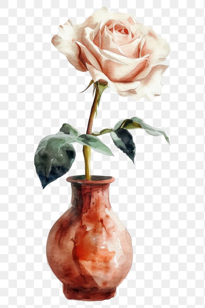 PNG  Vase flower watercolor rose art painting.