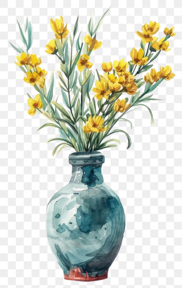 PNG  Vase flower watercolor art painting yellow.