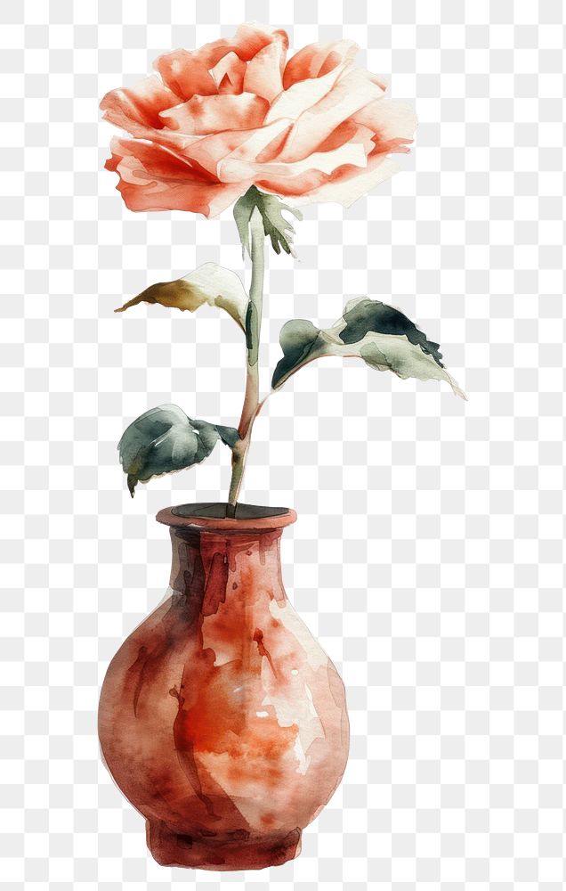 PNG  Vase flower watercolor rose art painting.