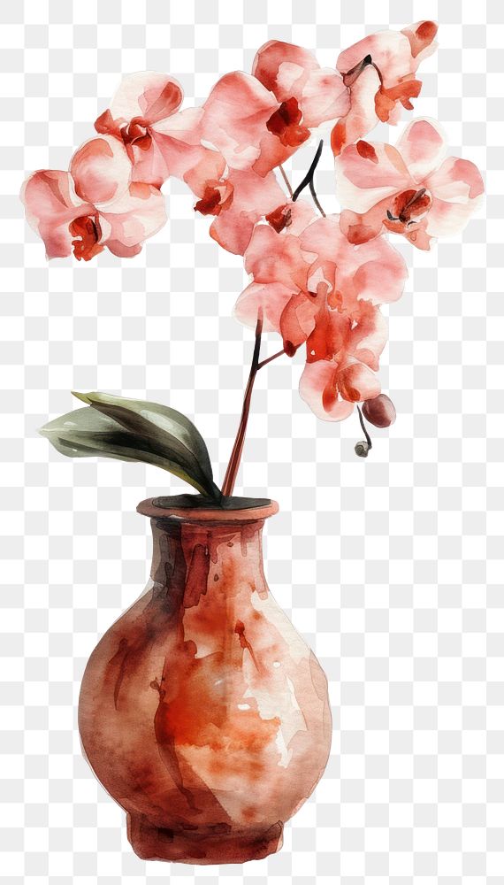 PNG  Vase watercolor flower orchid blossom.
