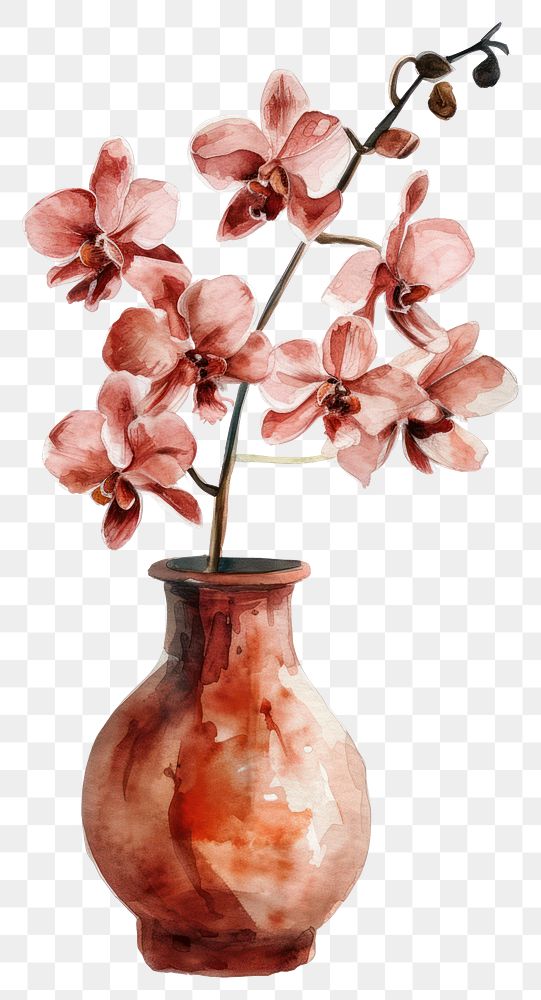 PNG  Vase watercolor flower blossom orchid.