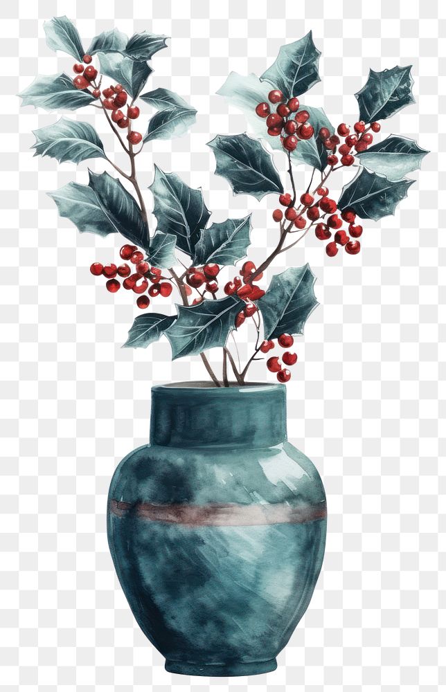 PNG  Vase watercolor plant holly art.