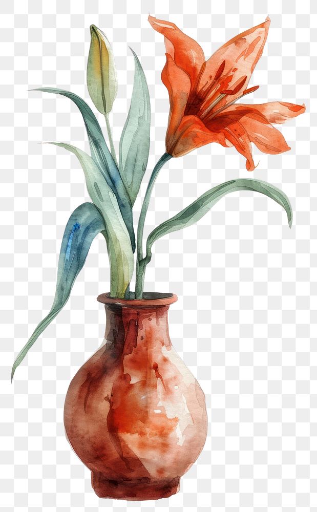 PNG  Vase watercolor flower art painting.